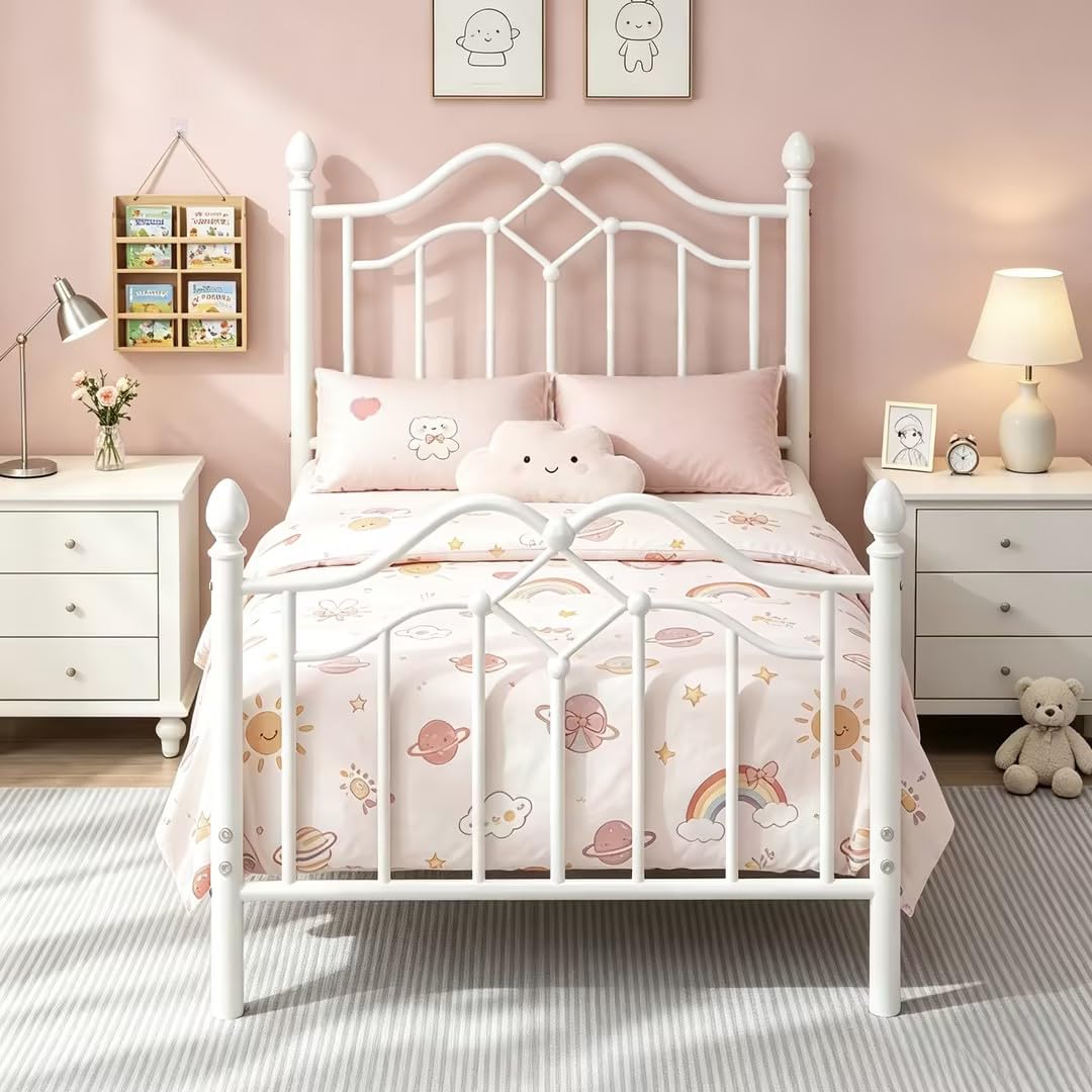 Twin Size Bed Frame with Victorian Headboard & Footboard N215