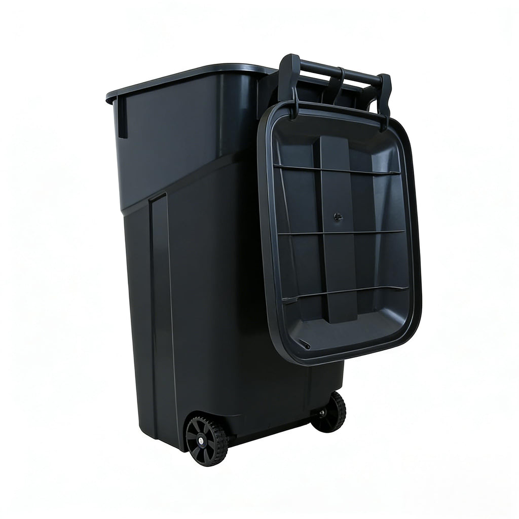 Black 32 Gallon Wheeled Heavy Duty Plastic Trash Can with Attached Lid C82926