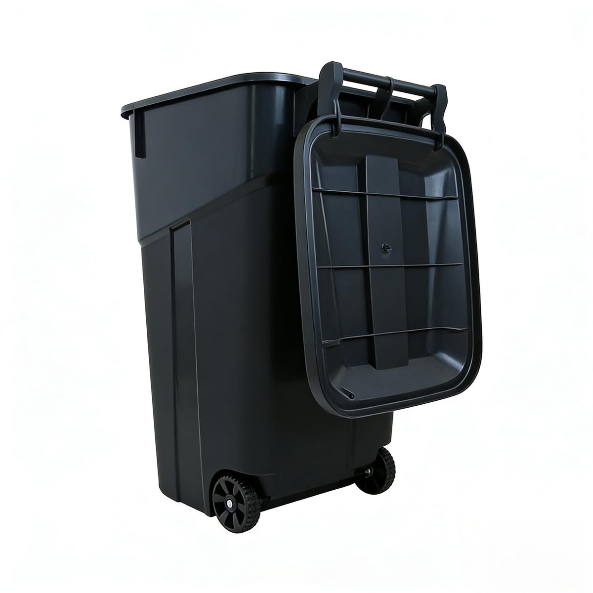 Black 32 Gallon Wheeled Heavy Duty Plastic Trash Can with Attached Lid C82926