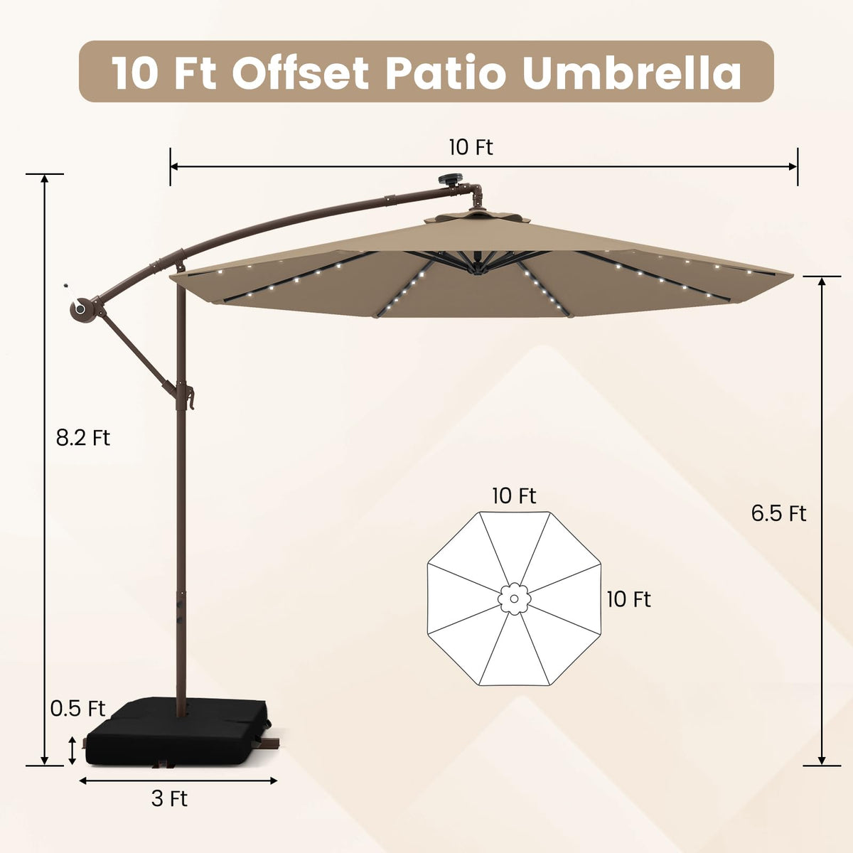 10FT Offset Patio Umbrella with Base and 40 Solar LED Lights H22407