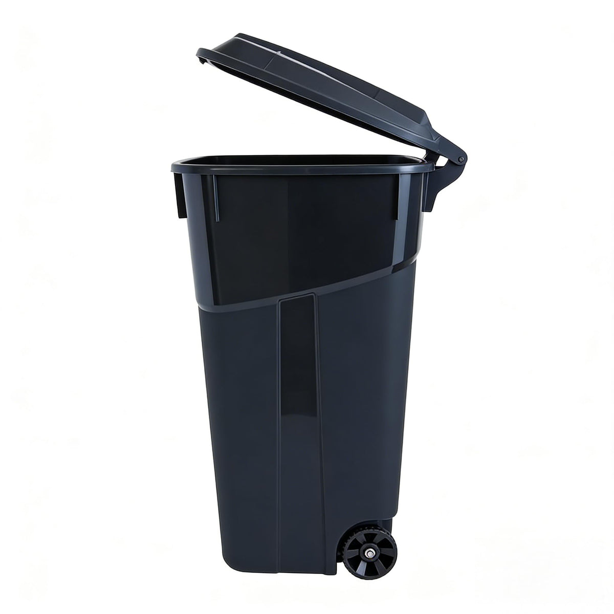 Black 32 Gallon Wheeled Heavy Duty Plastic Trash Can with Attached Lid C82926