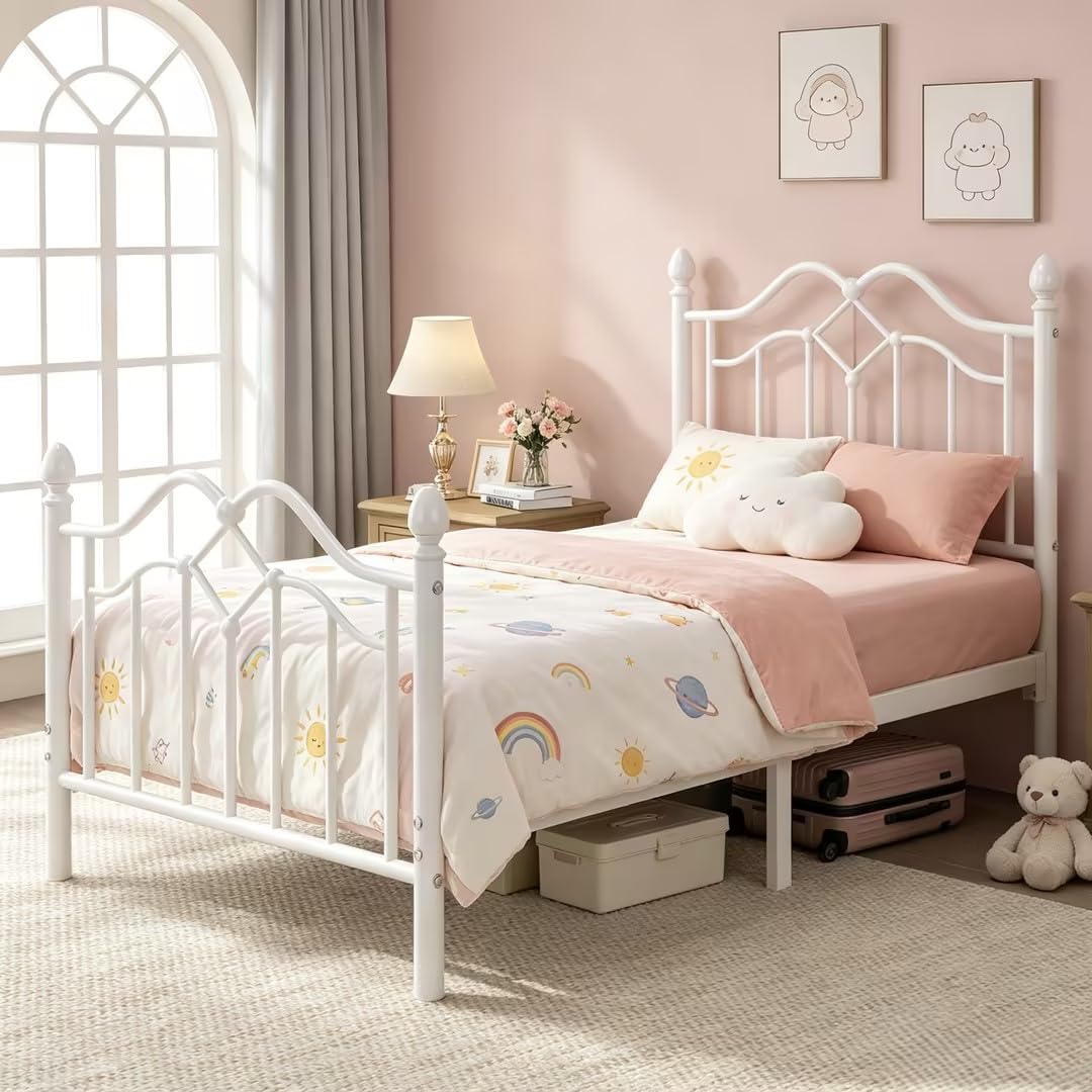 Twin Size Bed Frame with Victorian Headboard & Footboard N215