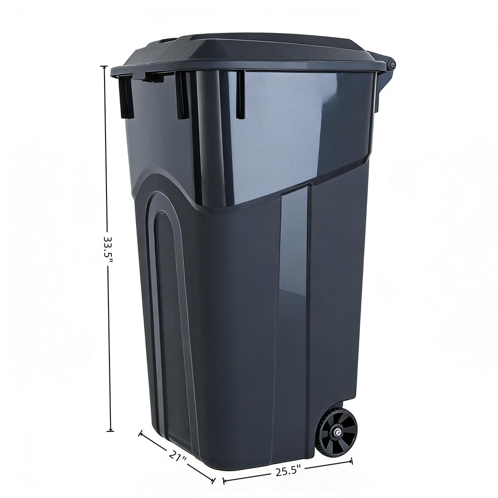 Black 32 Gallon Wheeled Heavy Duty Plastic Trash Can with Attached Lid C82926