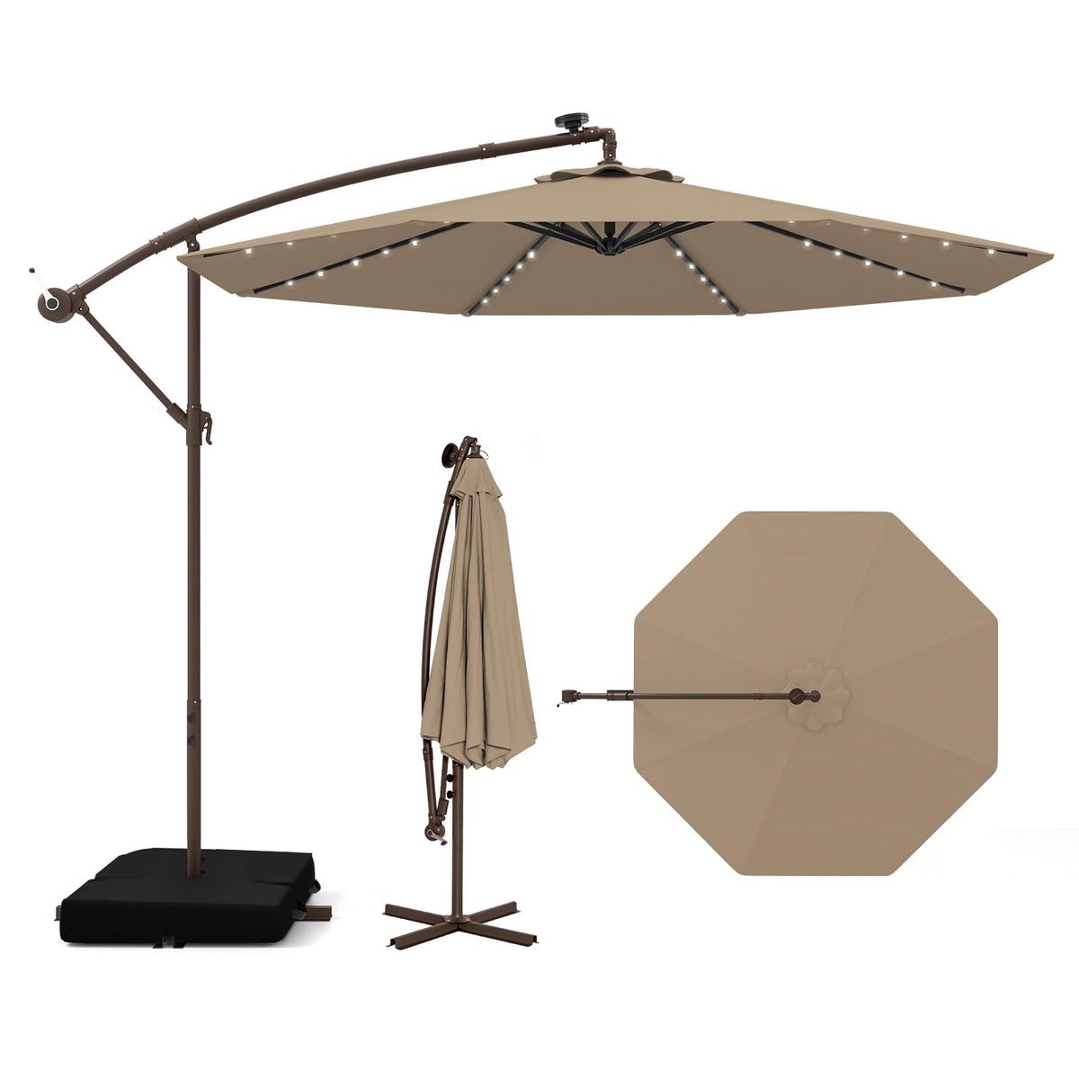 10FT Offset Patio Umbrella with Base and 40 Solar LED Lights H22407