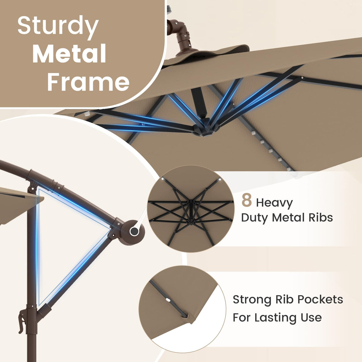 10FT Offset Patio Umbrella with Base and 40 Solar LED Lights H22407