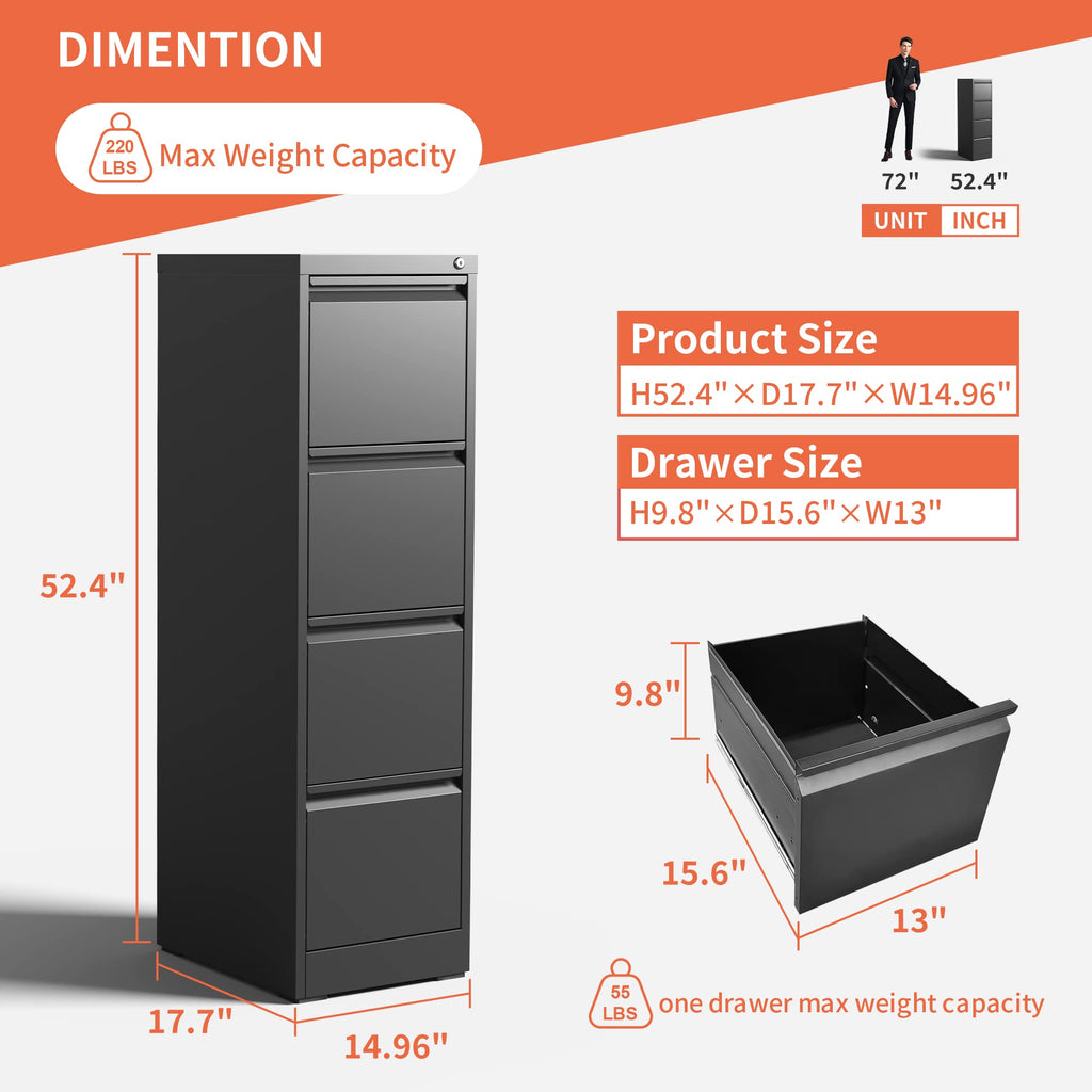 4 Drawer Black Metal File Cabinet with Lock Q91249