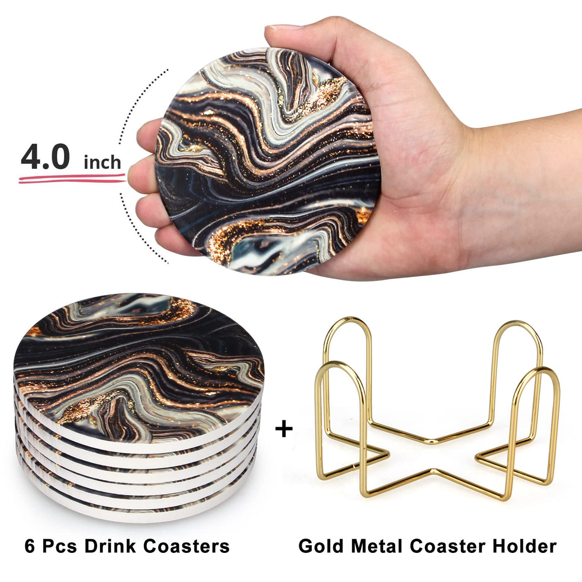 Black and Gold Marble Coasters with Holder K2164