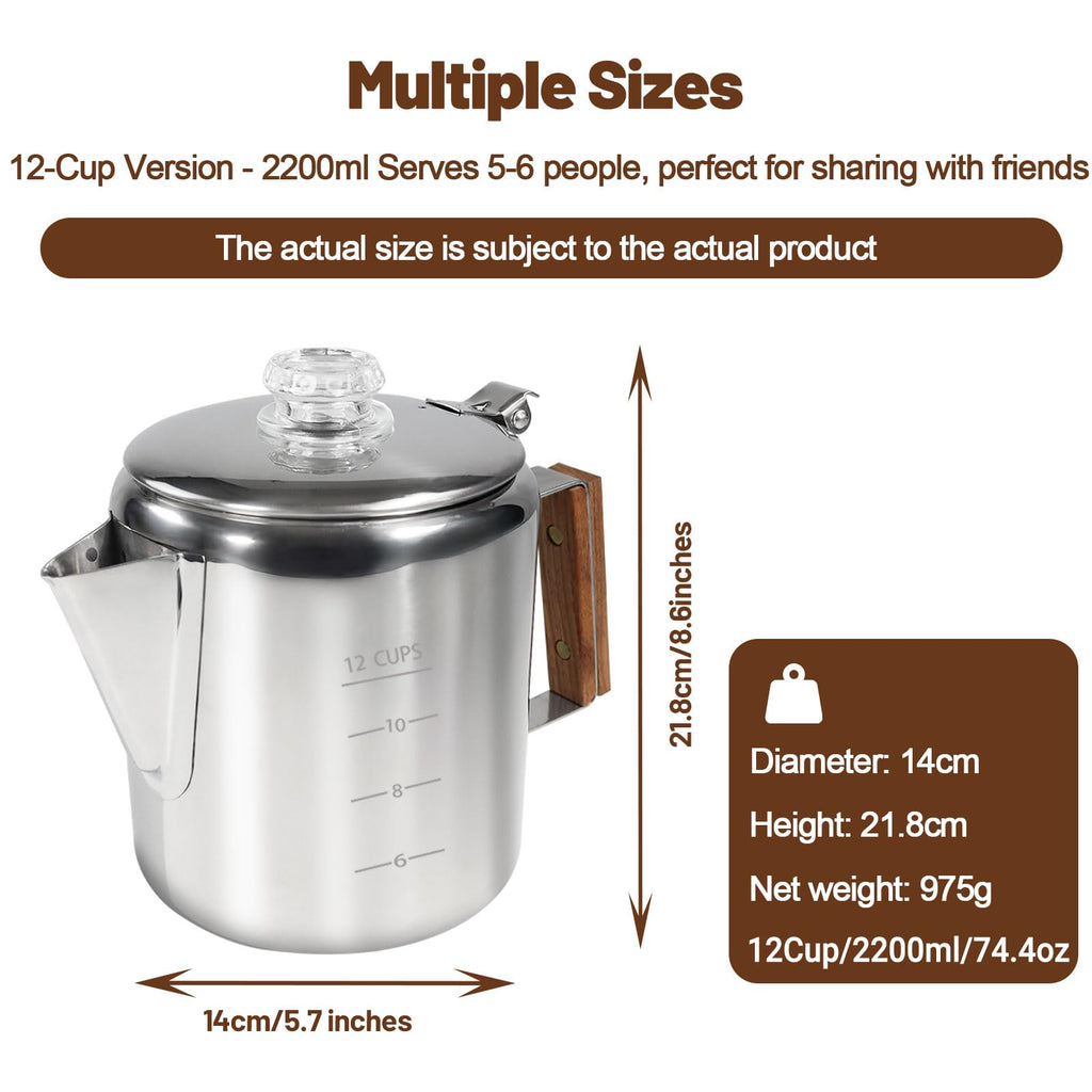 12 Cup Stainless Steel Stovetop Percolator Coffee Pot 2200ml B893886