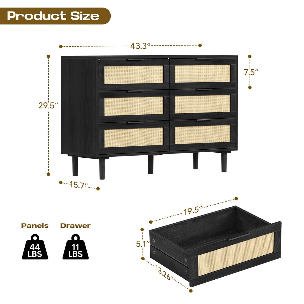 6 Drawer Rattan Wood Dresser T976