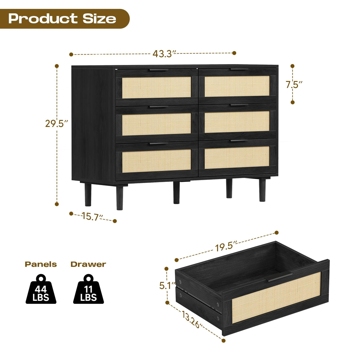 6 Drawer Rattan Wood Dresser T976
