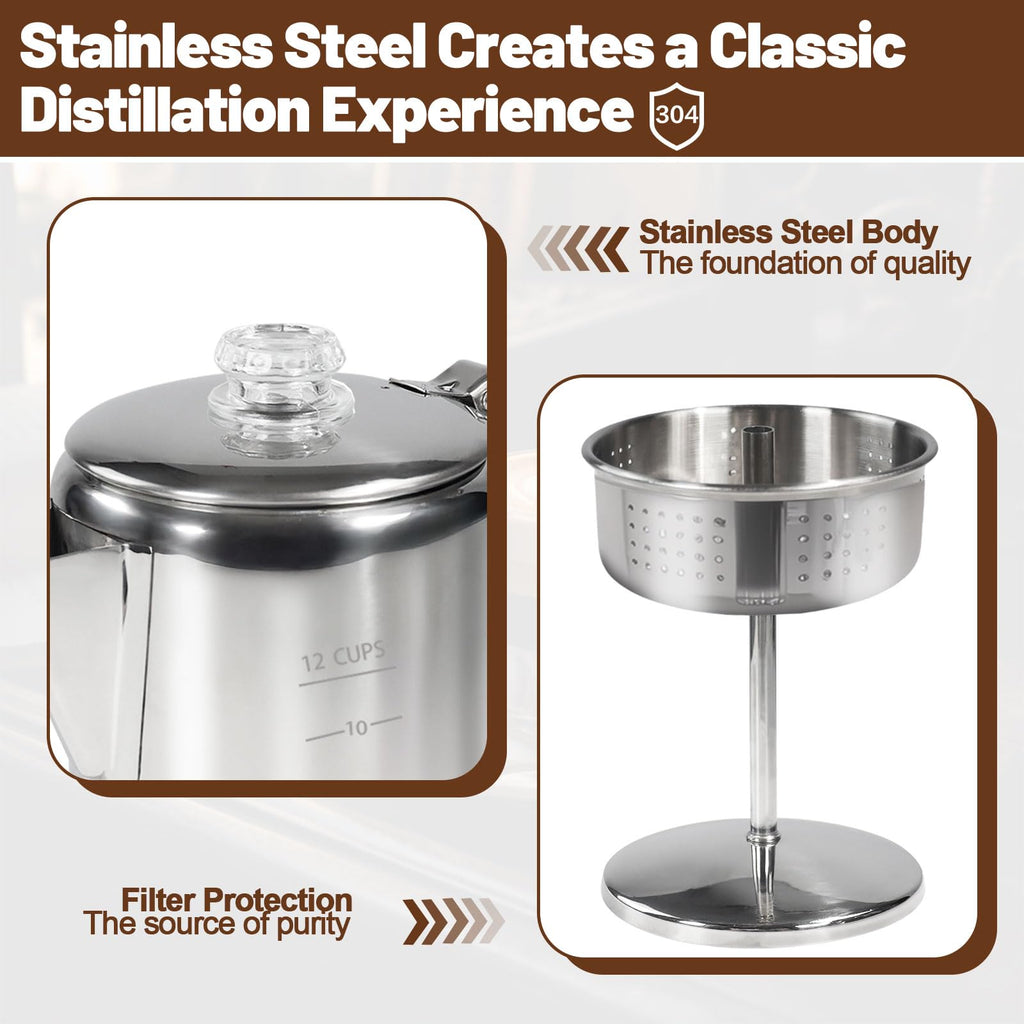 12 Cup Stainless Steel Stovetop Percolator Coffee Pot 2200ml B893886