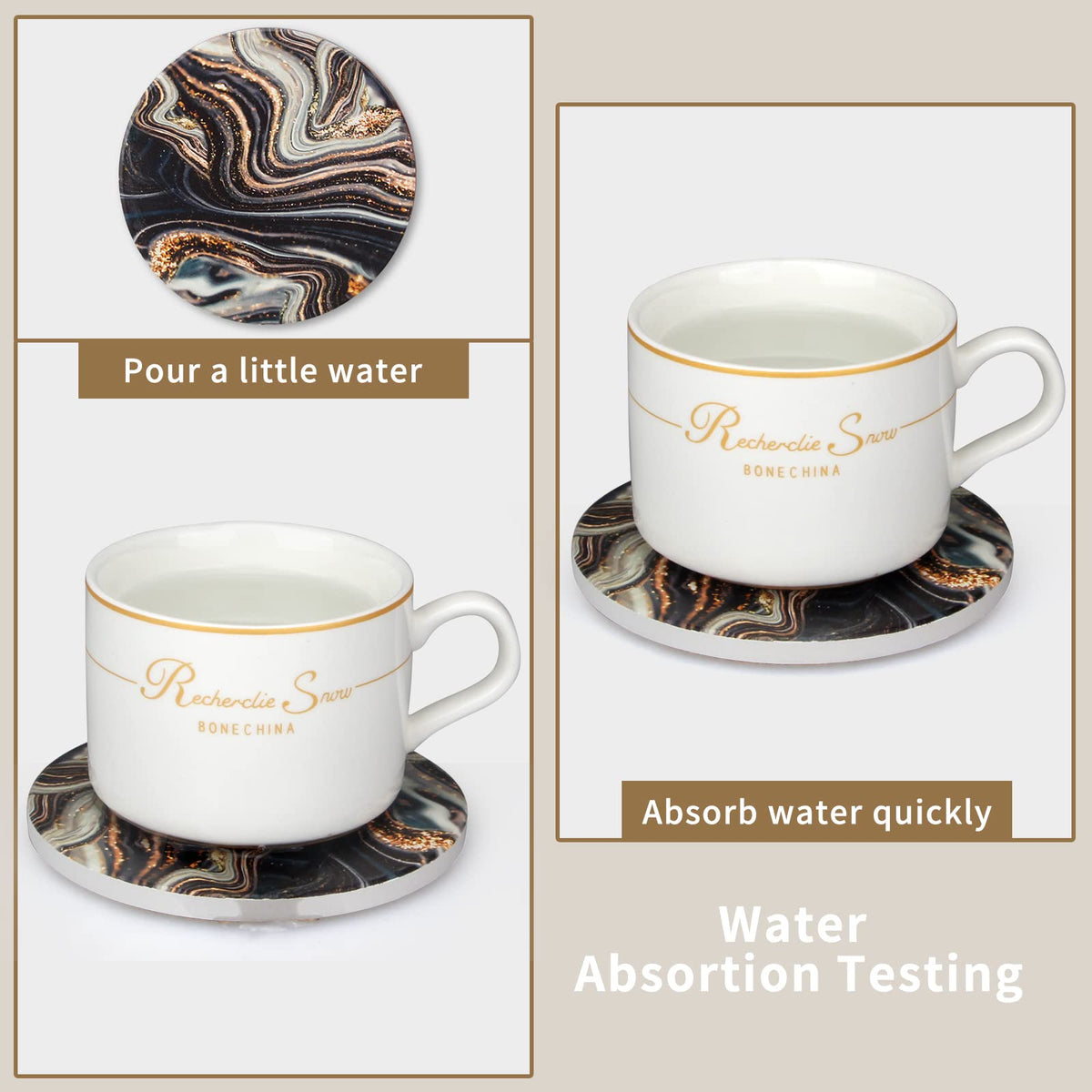 Black and Gold Marble Coasters with Holder K2164