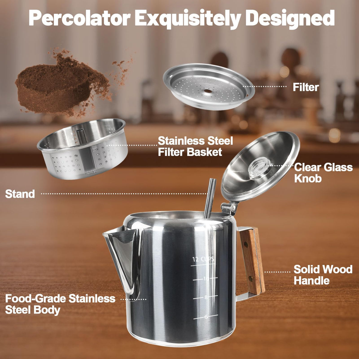 12 Cup Stainless Steel Stovetop Percolator Coffee Pot 2200ml B893886