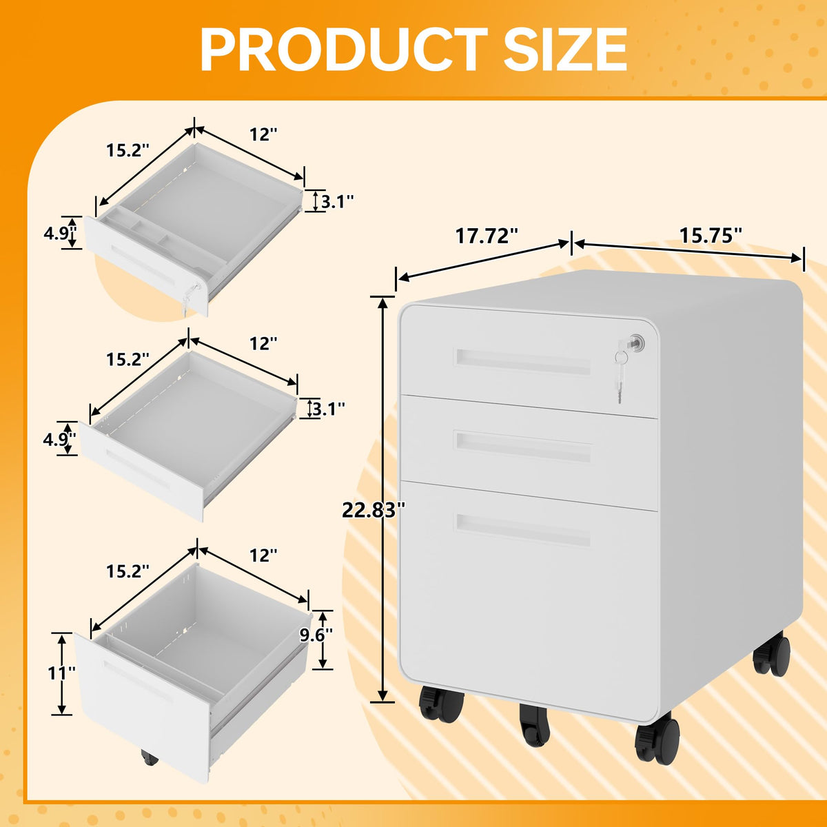3 Drawer White Metal Filing Cabinet with Lock X3803