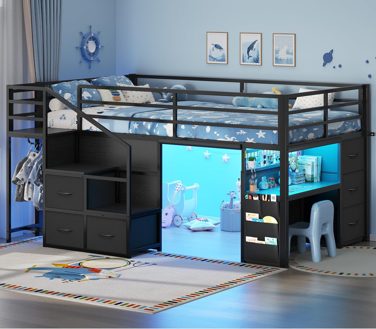 Twin Low Loft Bed with Stairs, Desk, 6 Storage Drawers, Black F4002