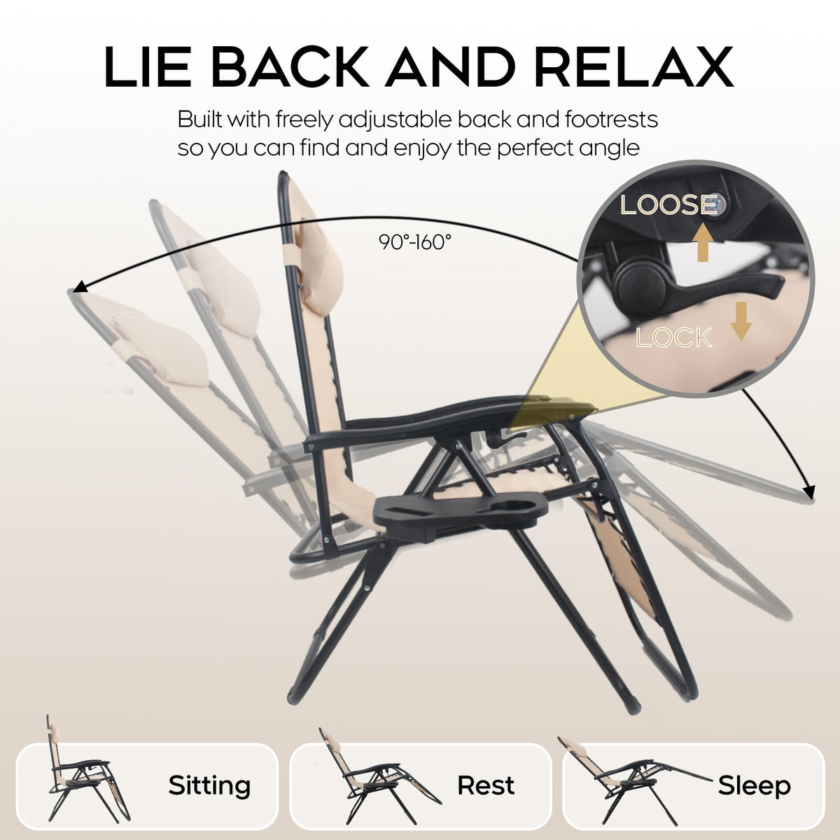 Set of 2 Adjustable Zero Gravity Lounge Chairs with Cup Holder Tray T33843