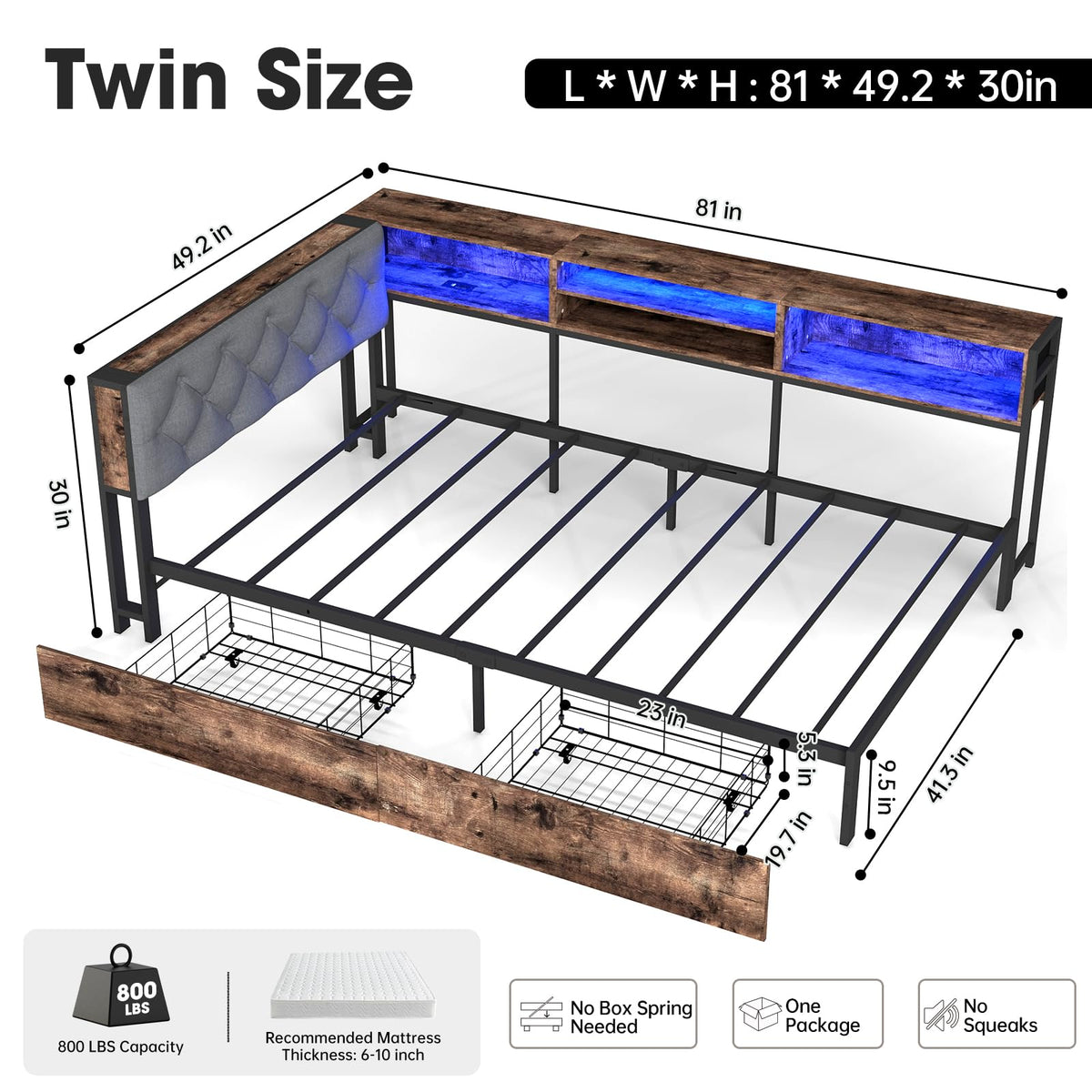 Twin Size Corner Bed Frame with Storage Bookcase P597