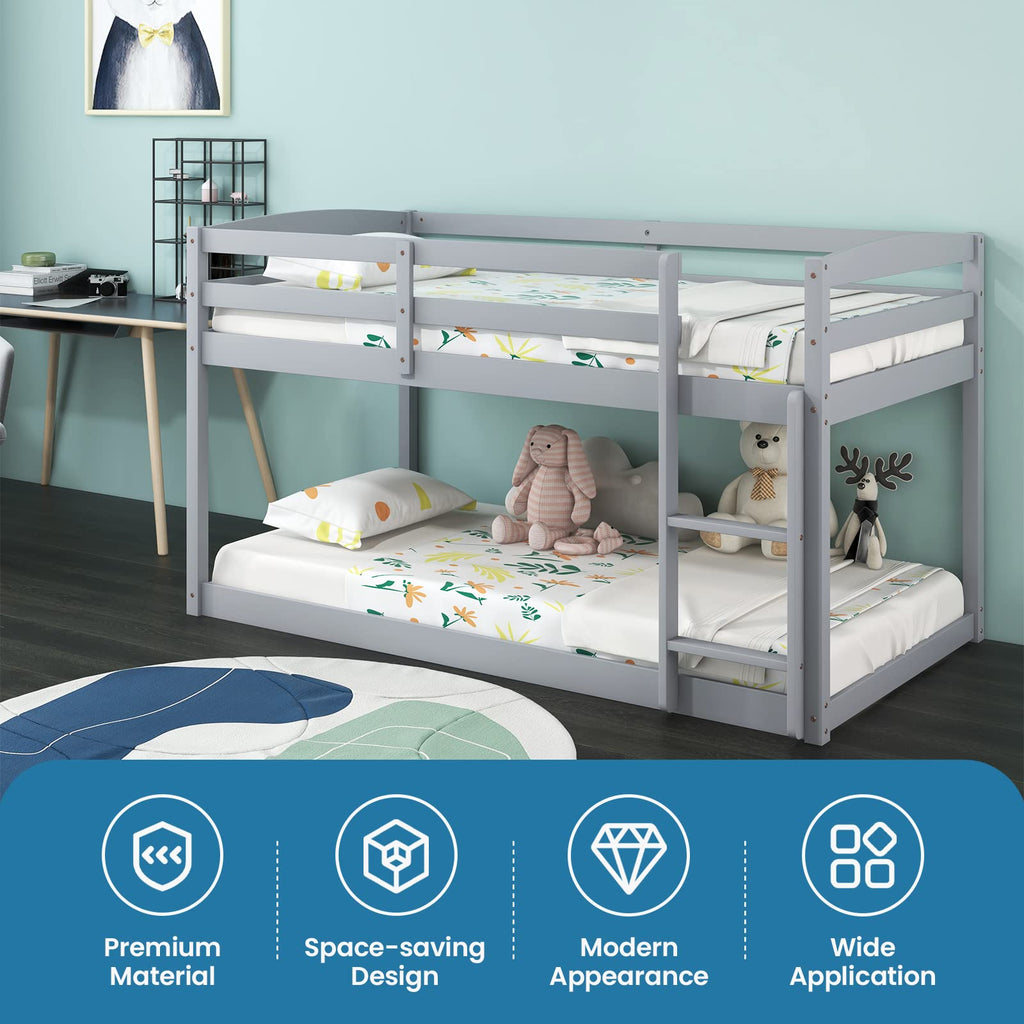 Twin Over Twin Solid Wood Low Bunk Bed with Ladder and Guardrails O358321