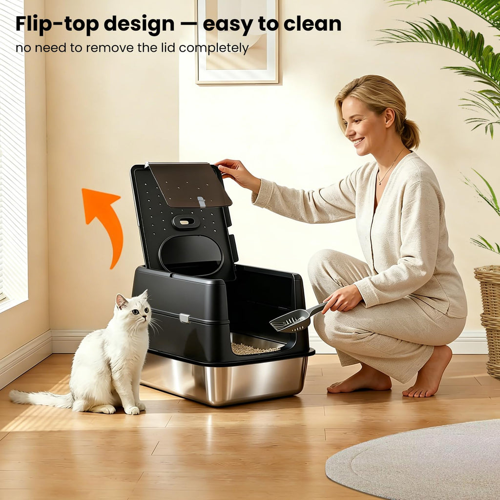 Extra Large Stainless Steel Enclosed Cat Litter Box with Lid and Scoop E439600