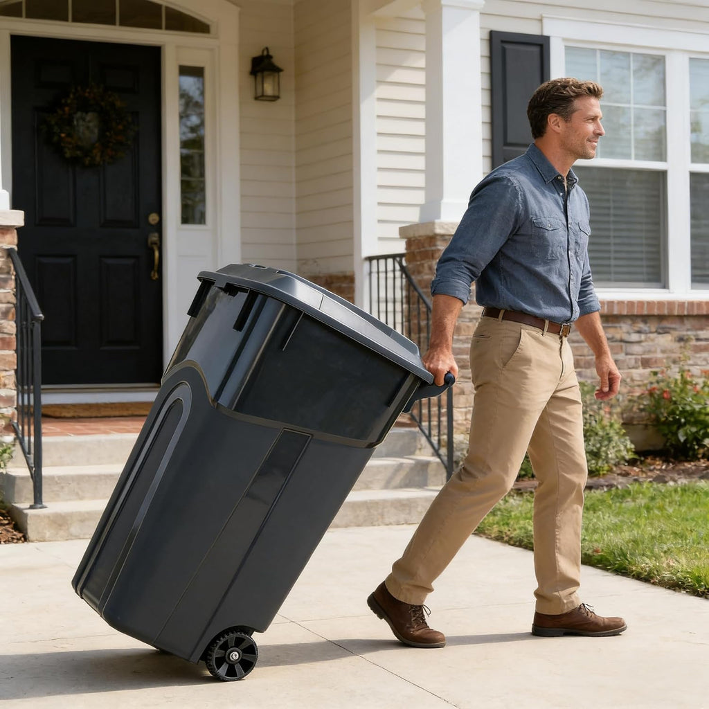 Black 32 Gallon Wheeled Heavy Duty Plastic Trash Can with Attached Lid C82926