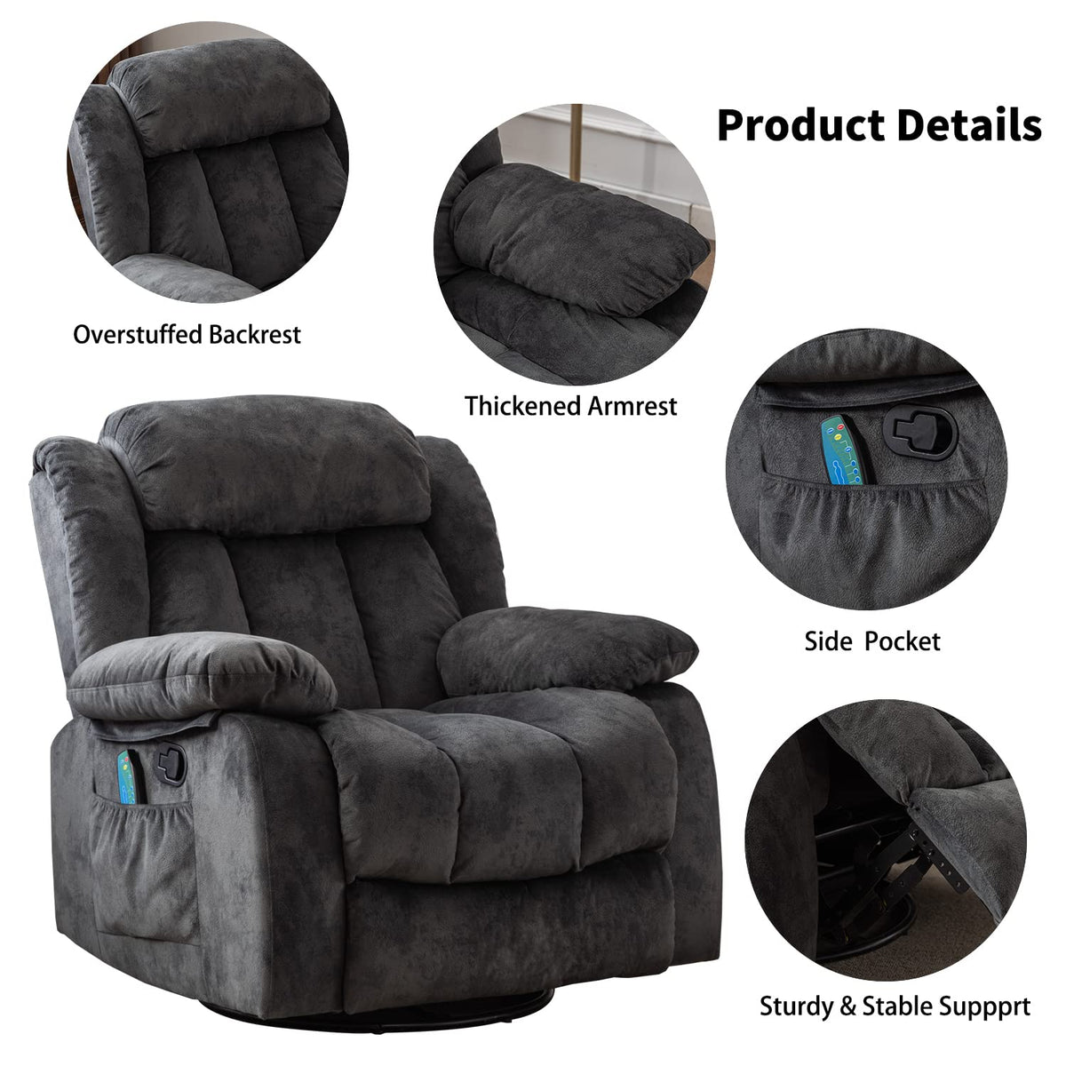 Gray Massage Swivel Rocker Recliner Chair V508