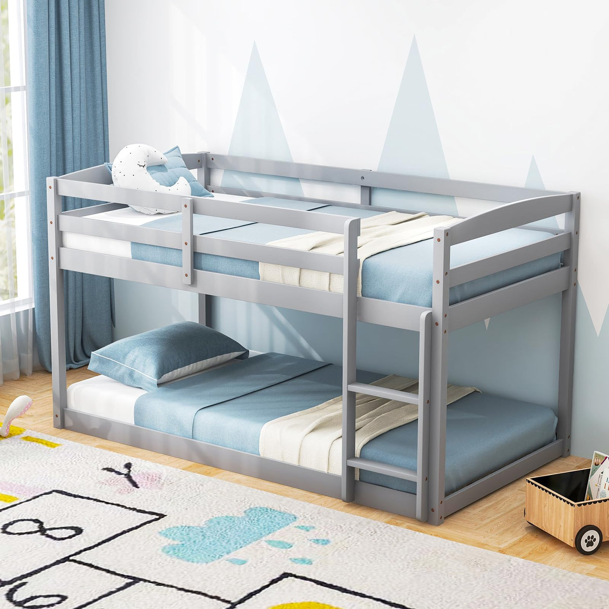 Twin Over Twin Solid Wood Low Bunk Bed with Ladder and Guardrails O358321