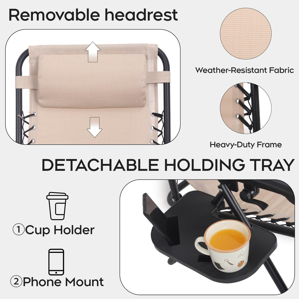 Set of 2 Adjustable Zero Gravity Lounge Chairs with Cup Holder Tray T33843