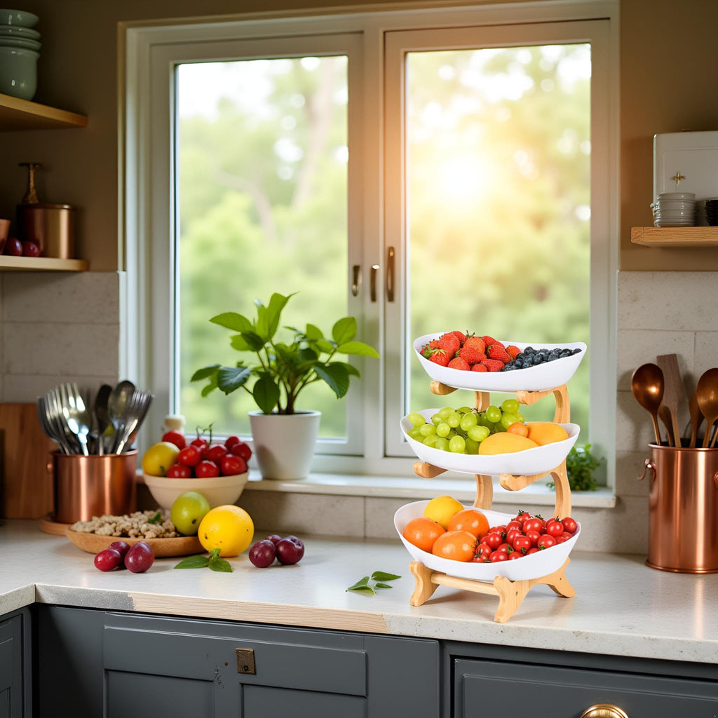 3 Tier Plastic Fruit Bowl with Bamboo Stand O1300