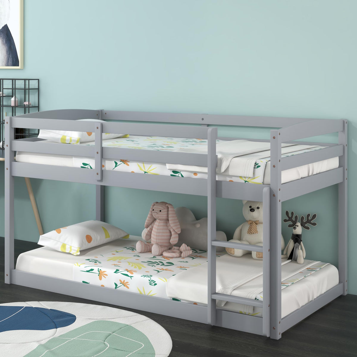 Twin Over Twin Solid Wood Low Bunk Bed with Ladder and Guardrails O358321