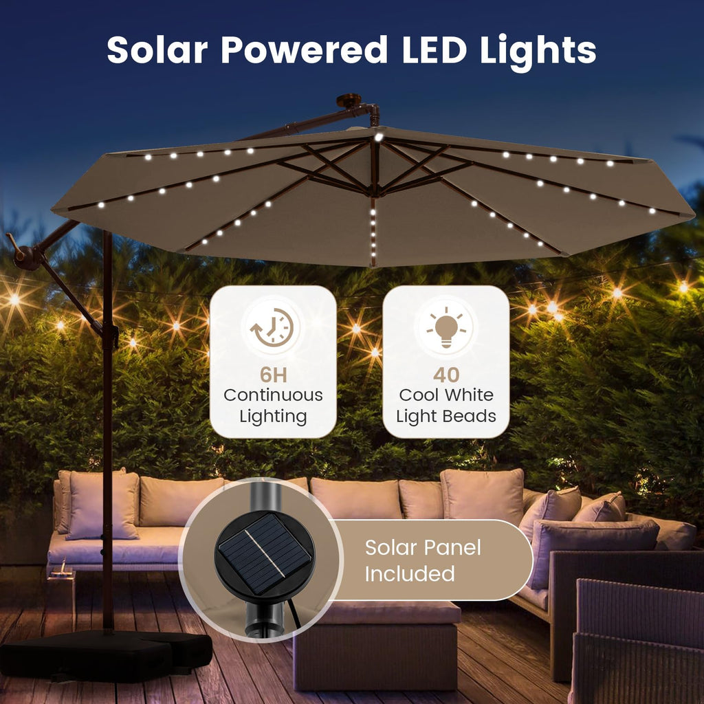 10FT Offset Patio Umbrella with Base and 40 Solar LED Lights H22407