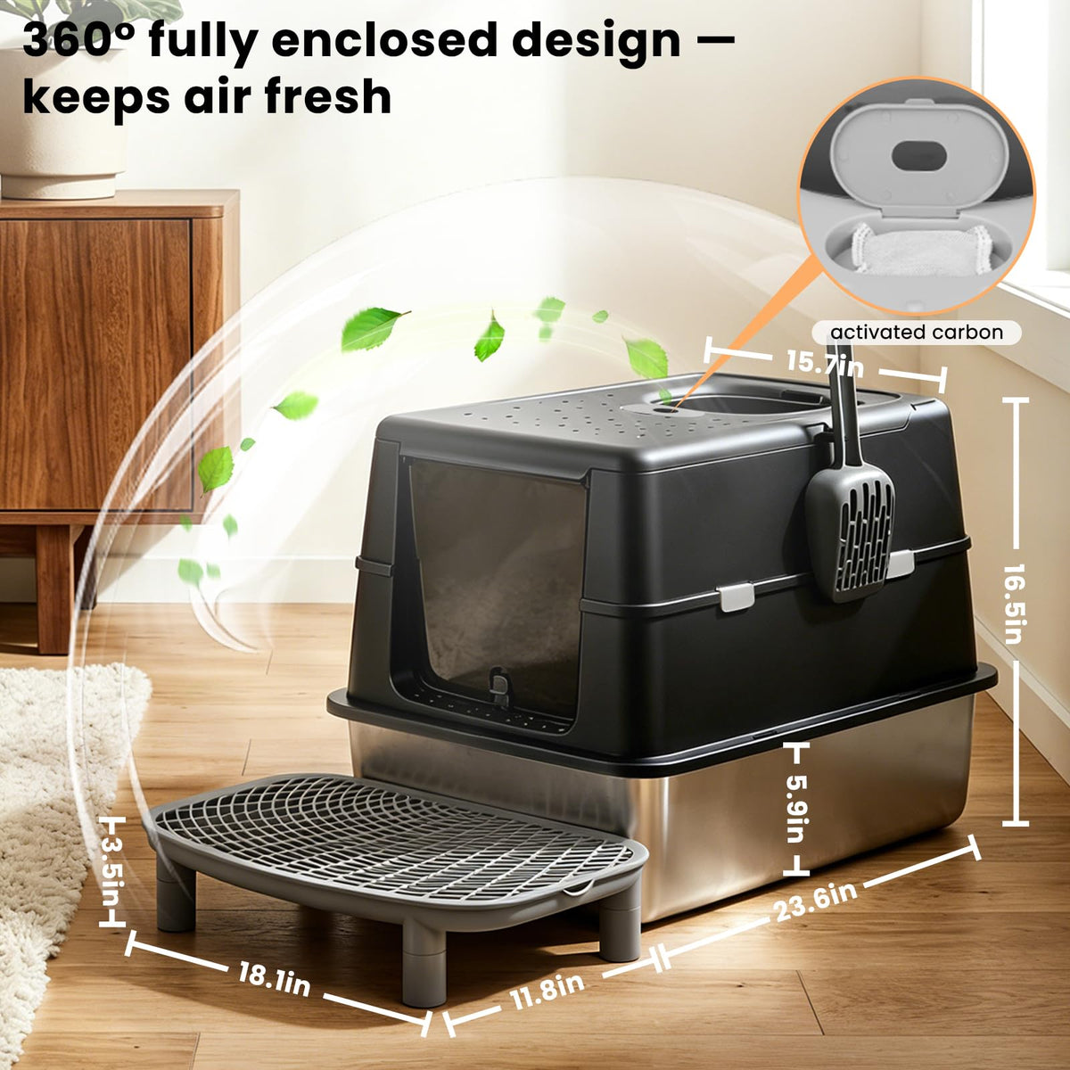 Extra Large Stainless Steel Enclosed Cat Litter Box with Lid and Scoop E439600
