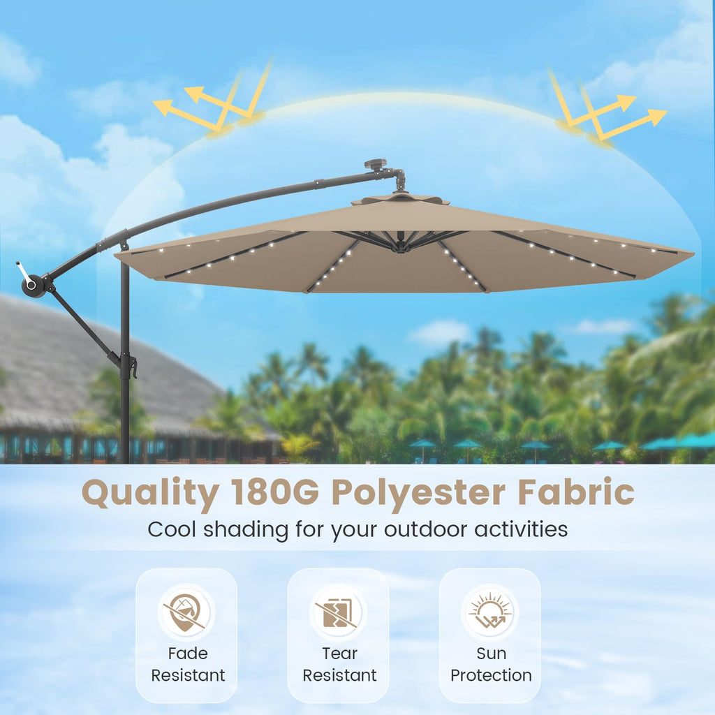 10FT Offset Patio Umbrella with Base and 40 Solar LED Lights H22407