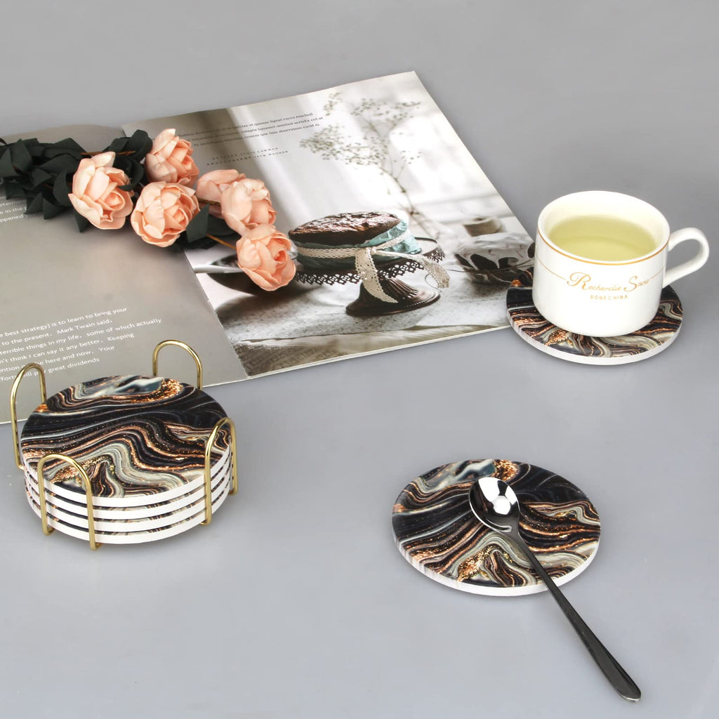 Black and Gold Marble Coasters with Holder K2164