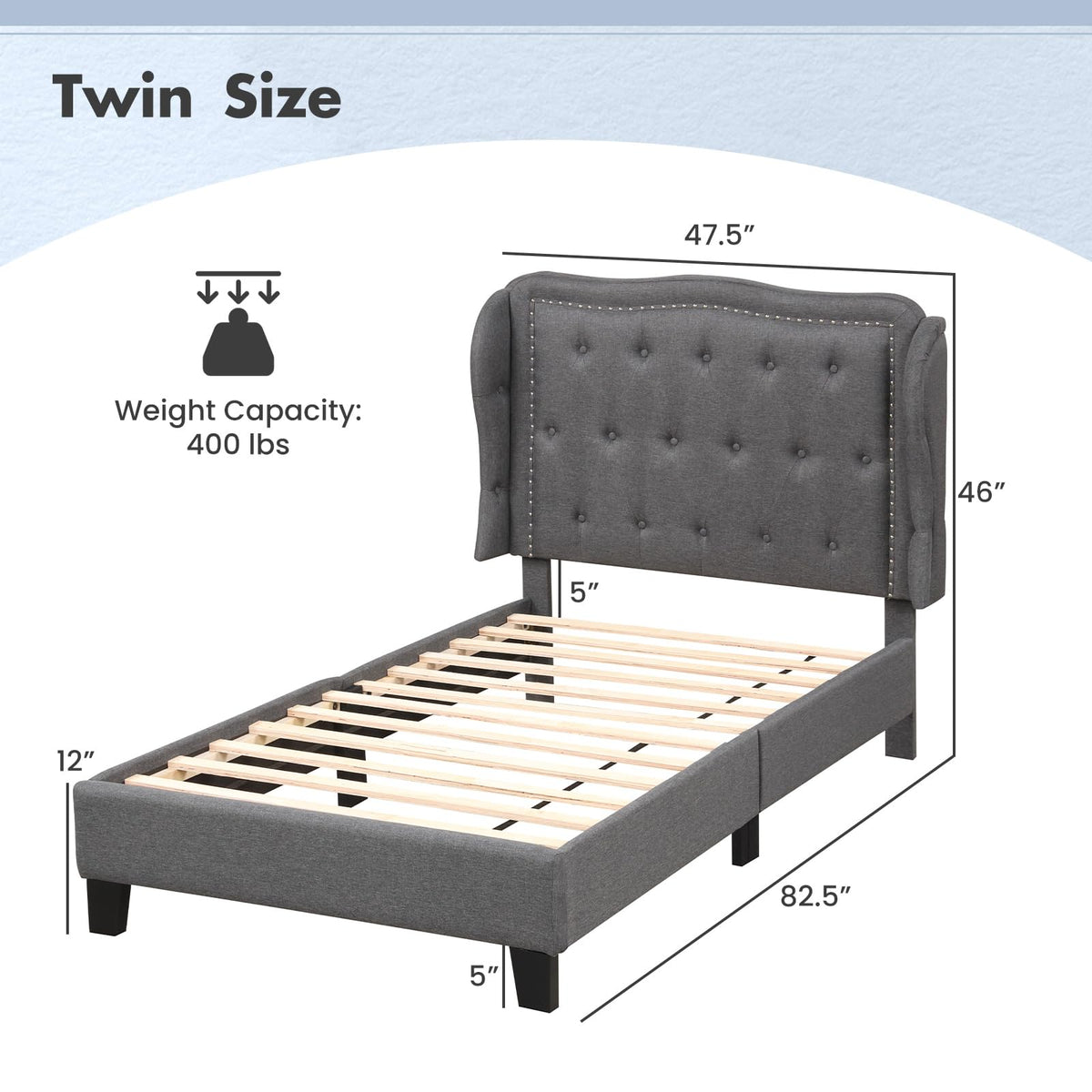 Grey Linen Upholstered Twin Bed Frame with Headboard B949849