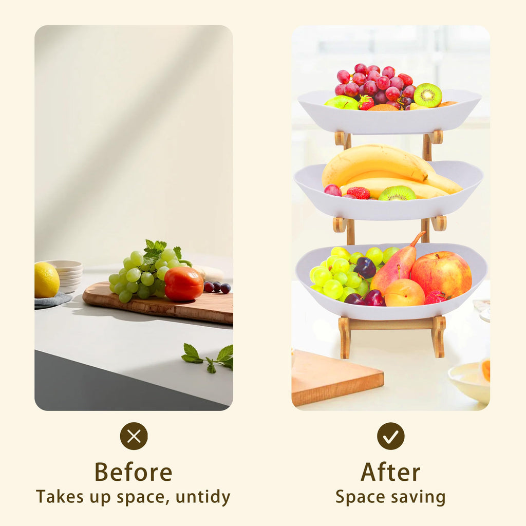 3 Tier Plastic Fruit Bowl with Bamboo Stand O1300