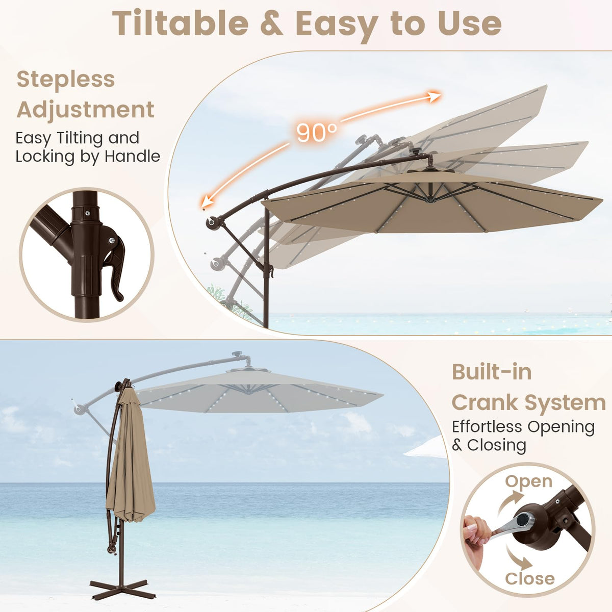 10FT Offset Patio Umbrella with Base and 40 Solar LED Lights H22407