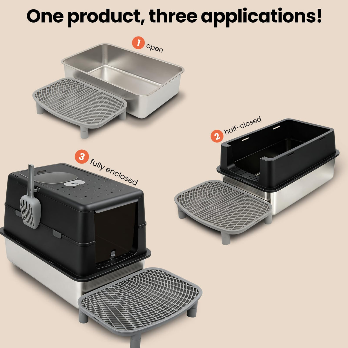 Extra Large Stainless Steel Enclosed Cat Litter Box with Lid and Scoop E439600