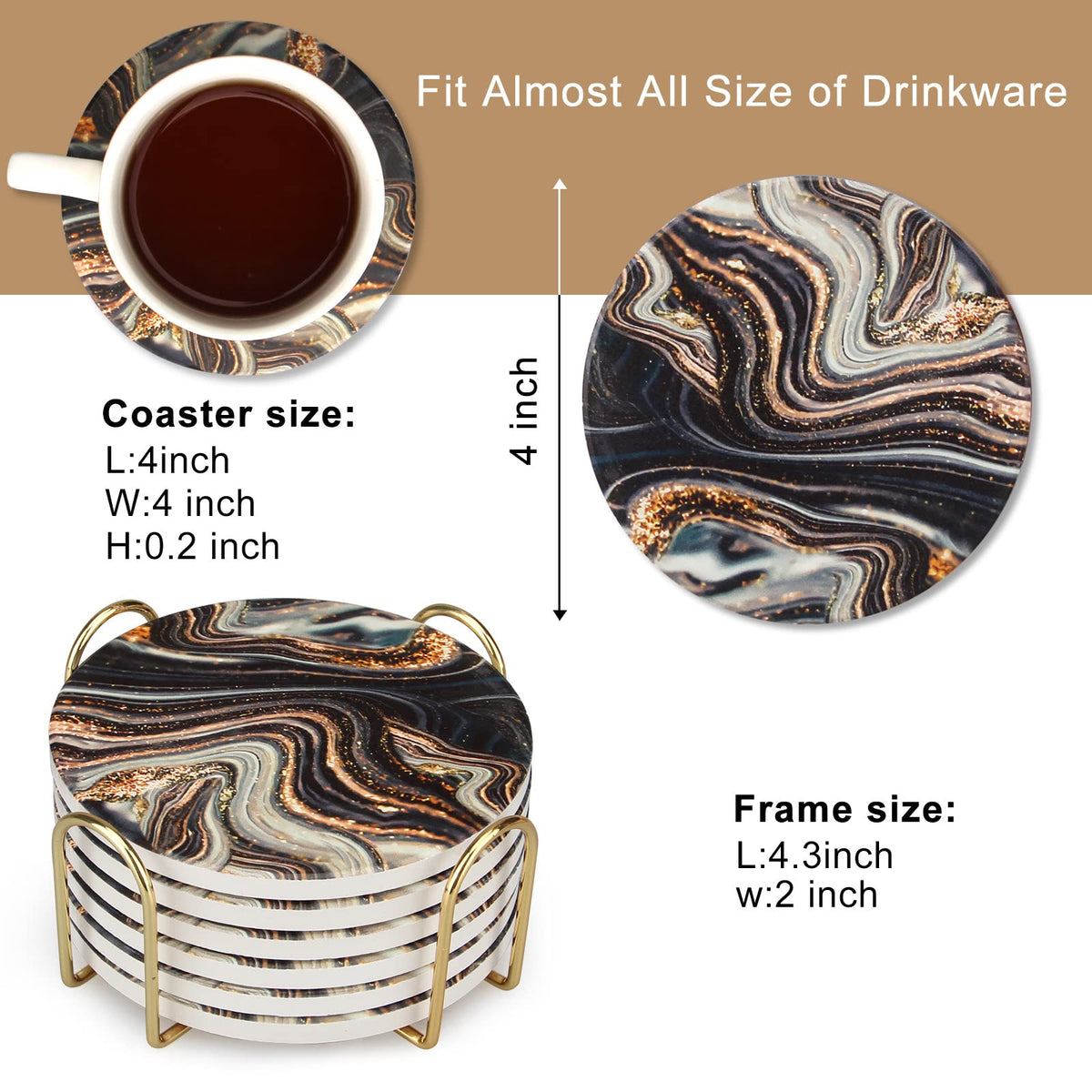 Black and Gold Marble Coasters with Holder K2164