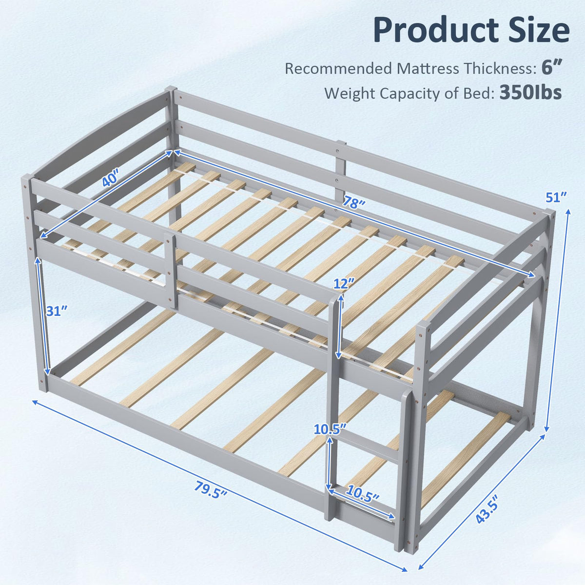 Twin Over Twin Solid Wood Low Bunk Bed with Ladder and Guardrails O358321