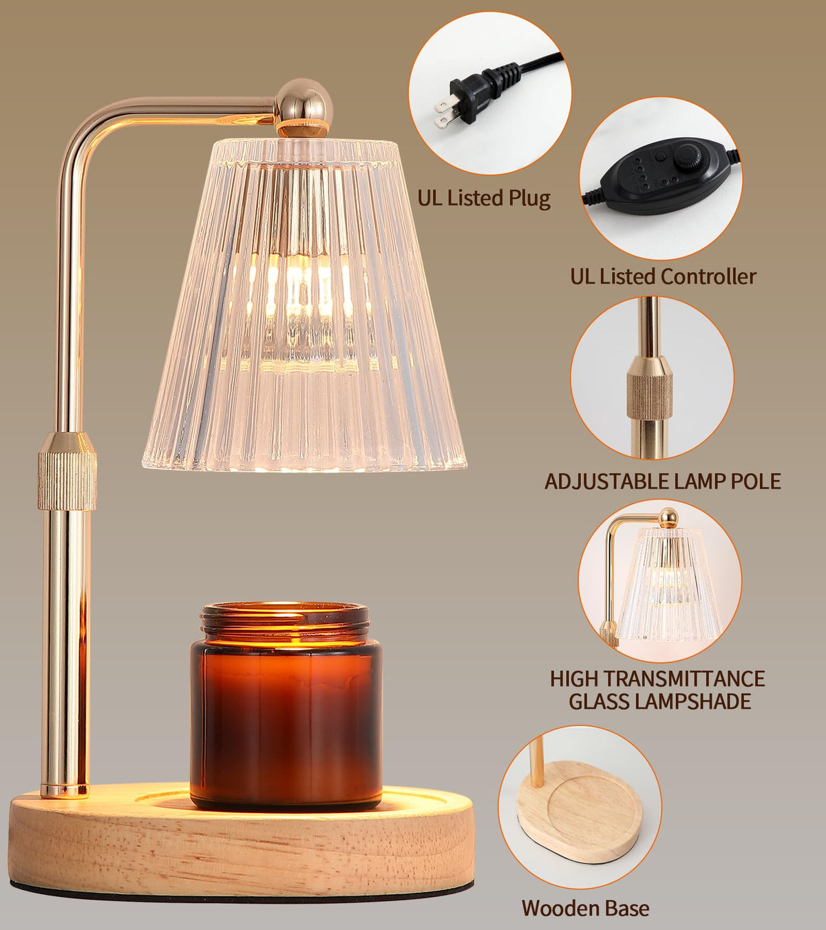 Gold Candle Warmer Lamp with Timer Dimmable with 2 Bulbs Z538059