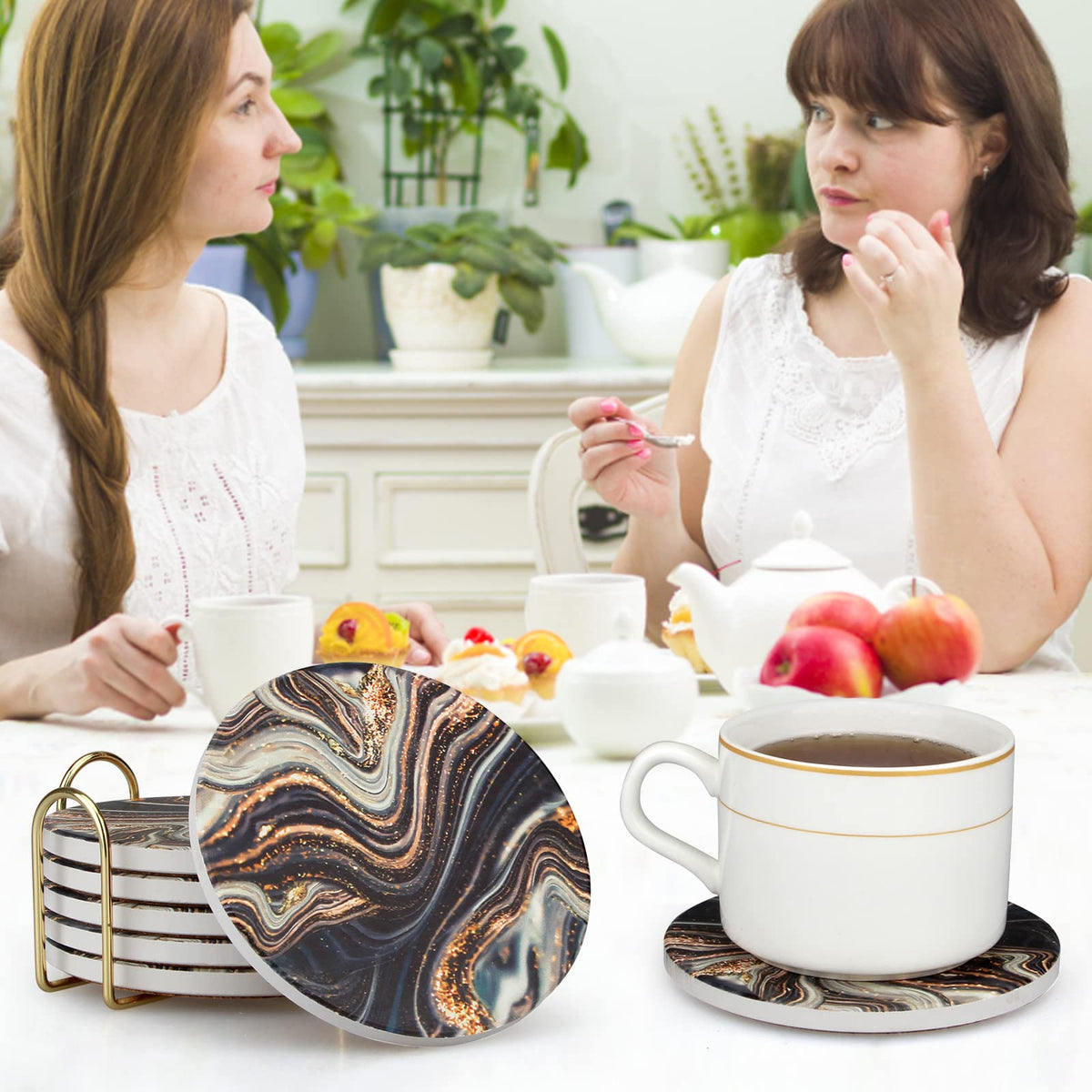 Black and Gold Marble Coasters with Holder K2164