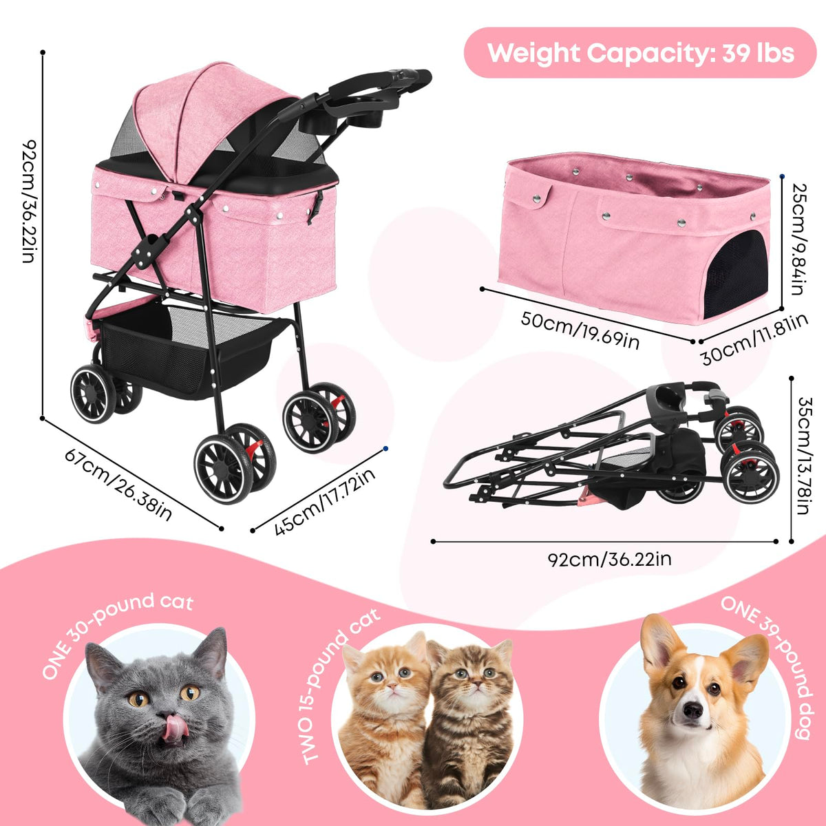 Pink 3 Wheels Pet Stroller M7798