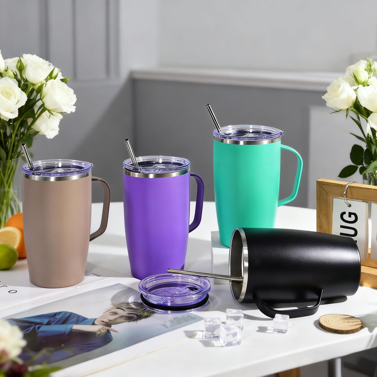 16oz Coffee Mug with Handle, 2Pack Insulated Tumblers with Lid and Straw R524609