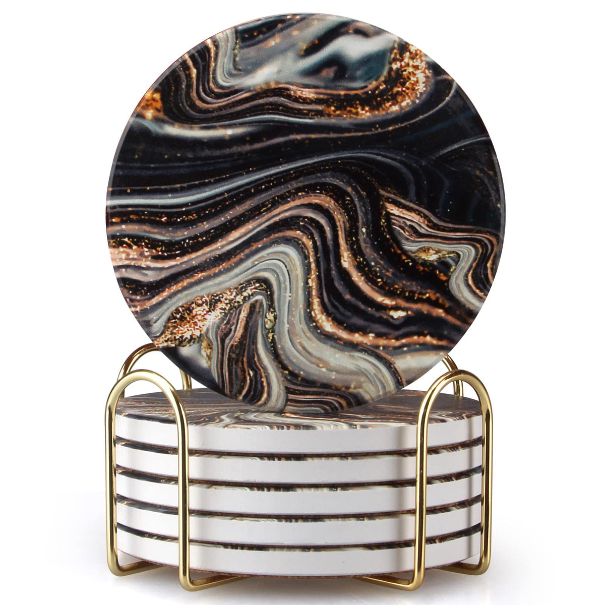 Black and Gold Marble Coasters with Holder K2164
