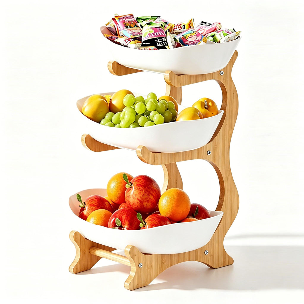 3 Tier Plastic Fruit Bowl with Bamboo Stand O1300