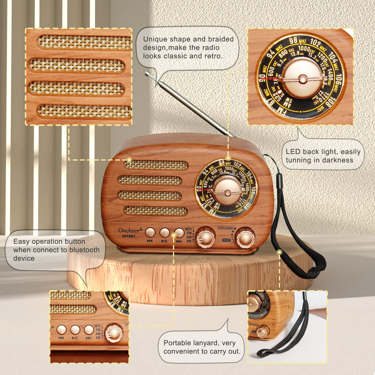 Portable Vintage Retro Bluetooth Speaker Radio with FM/AM/SW Bands U307429