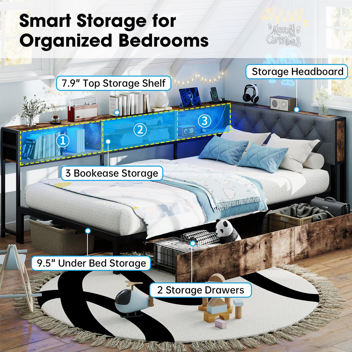 Twin Size Corner Bed Frame with Storage Bookcase P597