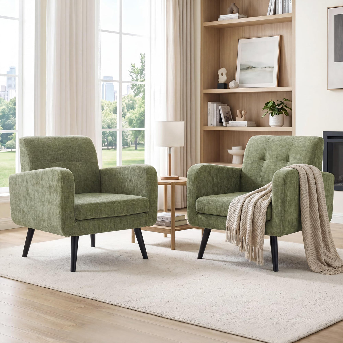 Olive Green Chenille Upholstered Accent Chairs Set of 2 S96218