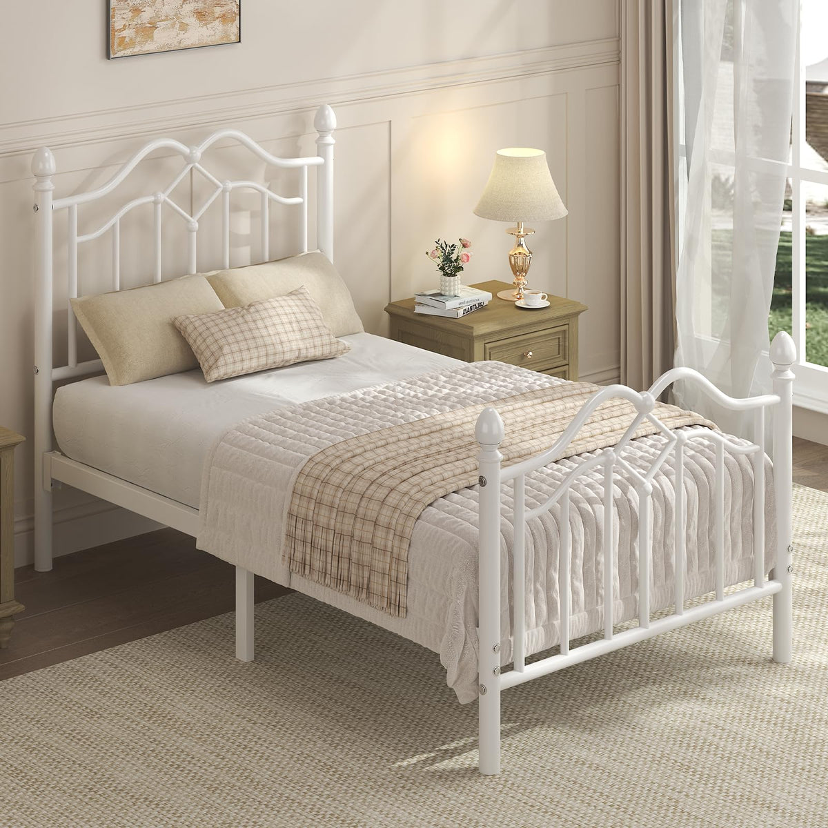 Twin Size Bed Frame with Victorian Headboard & Footboard N215