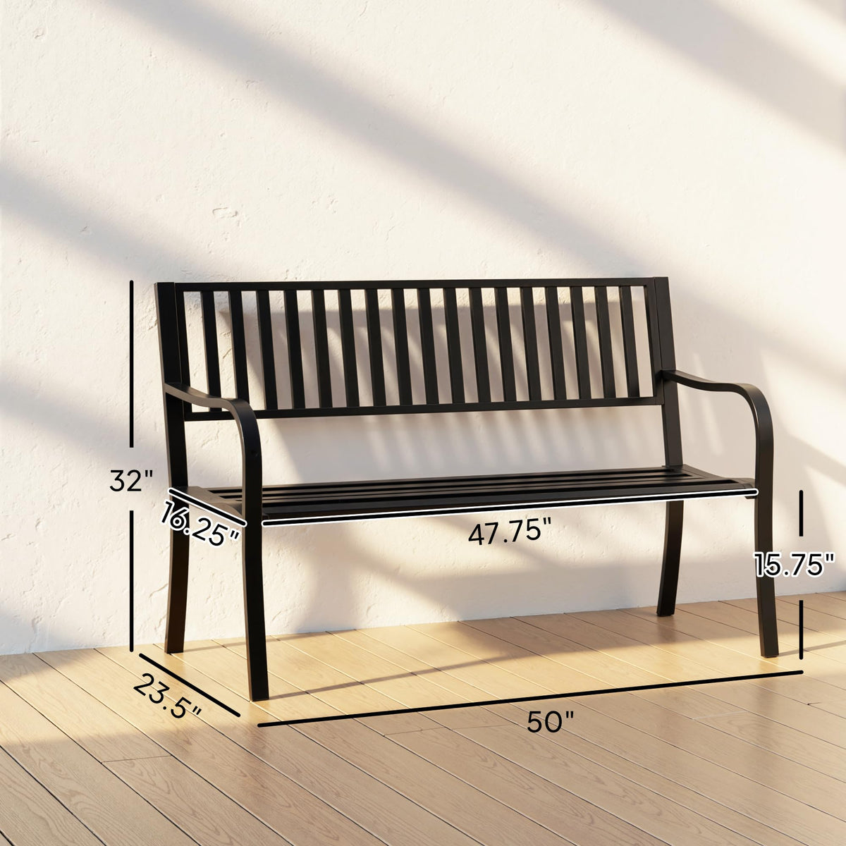 50" Outdoor Garden Bench with Slatted Seat Metal Black M273840